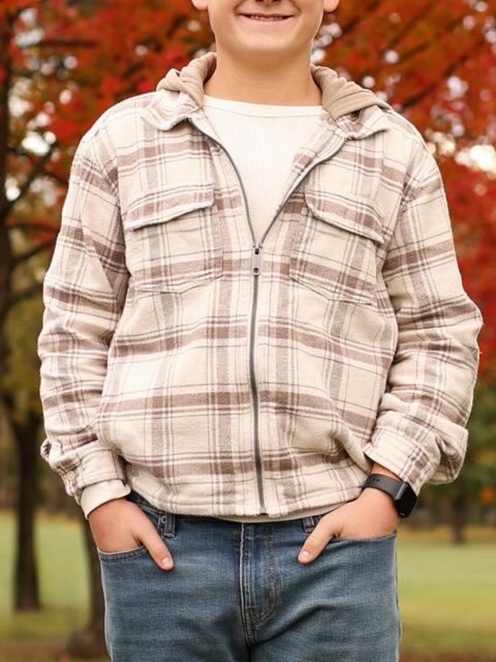 abercrombie kids Cream & Tan Plaid Hooded Zip Jacket